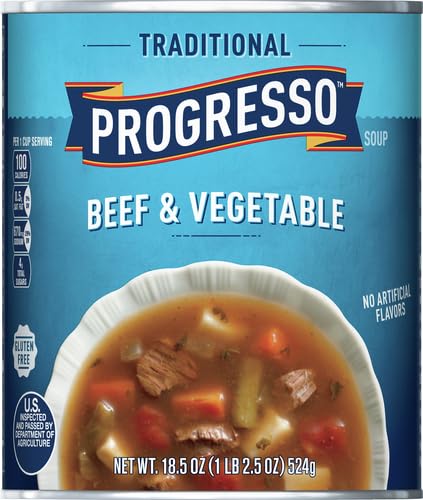 Image of Progresso Traditional Beef & Vegetable Canned Soup, Gluten Free, 18.5 oz | Seasoned beef chunks, carrots, potatoes, tomatoes & green beans, No artificial flavors, Ready to serve