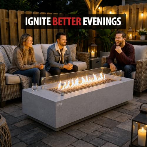 Image of AMS Creations | Savanah 72 inch Bundle Rectangular Cast Concrete Propane Gas Fire Pit Table | Light Gray | Travertine Texture Surface | Electronic Ignition| Outdoor Patio Heater Outside Backyard Fireplace