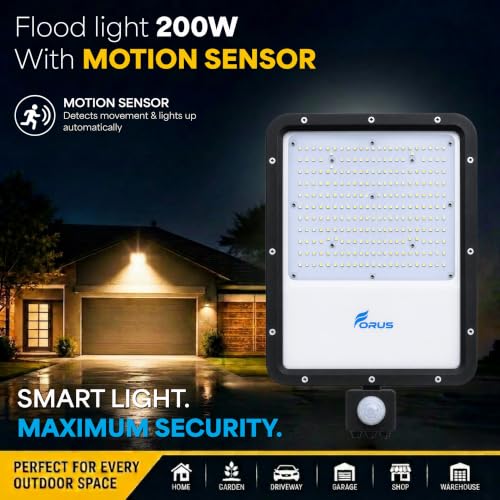 Image of Forus 200W LED Flood Light Warm White with Motion Sensor Auto On Off Day Night Mode Waterproof Outdoor Security Light for Garden Parking Garage Factory Warehouse Shop Floodlight 4Yr Warranty -1 PC
