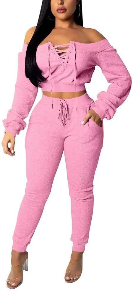 acelyn Sexy 2 Piece Outfits for Women Off Shoulder Lace Up Long Sleeve Crop Top Pants Sets Tracksuit Casual Sweatsuit