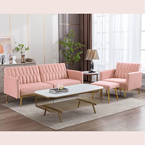Ttgieet Velvet Convertible Futon Sofa Bed With Golden Metal Legs, 70" Tufted Loveseat Couch Sleeper Futon Sofa With Adjustable Armrests For Home Living Room Bedroom (Pink) #TOP7