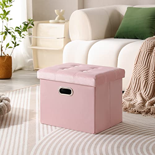 Prandom Ottoman With Storage [1-Pack] Velvet Folding Small Square Foot Stool With Lid For Living Room Bedroom Coffee Table Dorm Toy Pink 17X13X13 Inches #TOP1