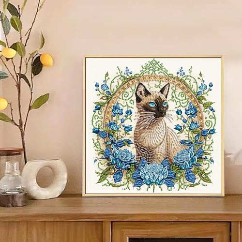 Image of AiYuanzsh 5D Special Shape Diamond Art Kits for Beginners, Diamond Art Painting Kits for Adults Siamese Cat, Crystal Rhinestones Diamond Art for Home Wall Decoration Gift 12x12inch /30x30cm, Animal