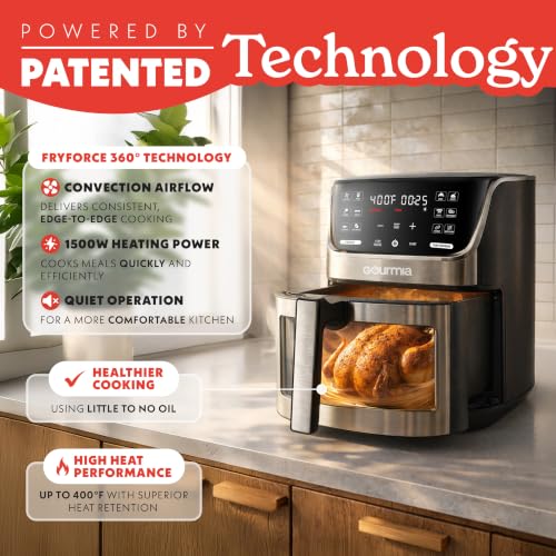 Image of Gourmia Air Fryer - 7 Qt Large Capacity with LED Display, 12 One-Touch Presets, FryForce 360 Technology, Nonstick Dishwasher-Safe Basket & Crisper Tray, Stainless Steel