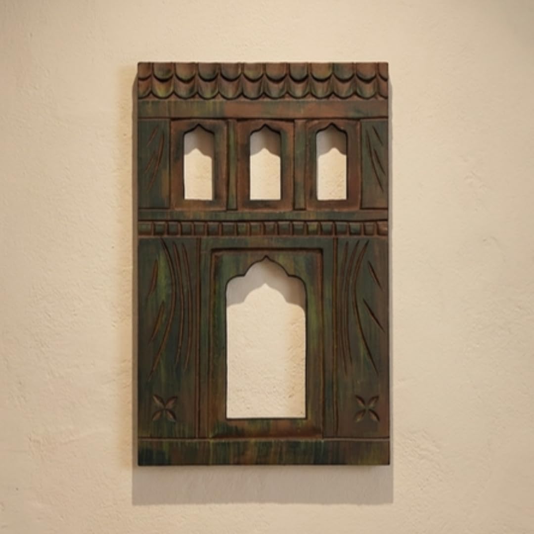 Nandini Homeware Handcrafted Traditional Green Doorway MDF Wooden Mirror Jharokha Wall Art | Heritage Boho Vintage Decorative Wall Hanging Mirror for Living Room, Bedroom & Home Decor (Green Doorway)-image-8
