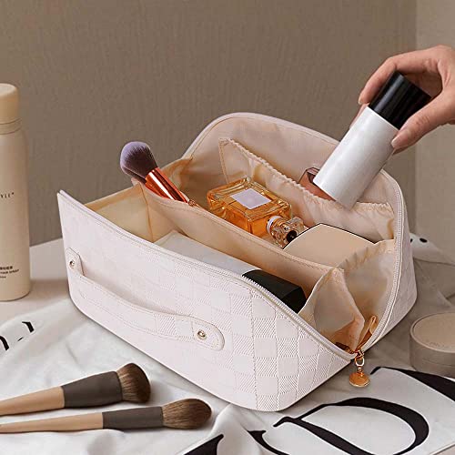 Cessfle Large Capacity Travel Cosmetic Bag, Travel Makeup Bag, Checkered Makeup Bag Open Flat Toiletry Bag Leather Waterproof Flat Lay Makeup Organizer Bag With Handle And Divider For Women #TOP1