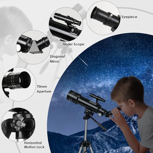 Telescópio astronômico, telescópio refrator Pro 400/70 FMC com tripé ajustável e bússola, telescópio