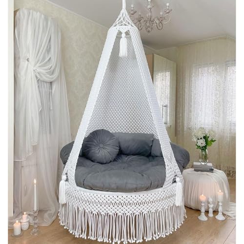 Image of KAAHIRA Bohemian Macrame Hanging Swing Chair- Aesthetic Cotton Rope Hammock for Indoor & Outdoor - Patio, Balcony, Bedroom, Living Room, Garden-Kids, Adults & Pets - Boho Decor (White with Grey)