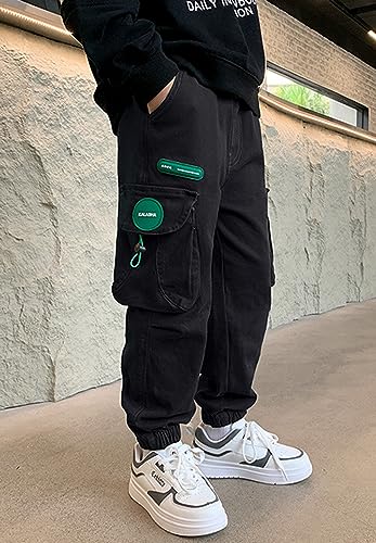 Kids Boy Casual Cotton Elastic Waist Black Cargo Jogger Pants School Uniform Sweatpants Trousers with Pockets4