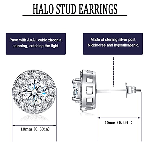 EPIRORA Silver Stud Earrings for Women Girls, Sterling Silver Round Halo Cubic Zirconia Studs, Dainty Bridal Diamond Stud Earrings Jewellery Set for Wedding Anniversary (Silver)