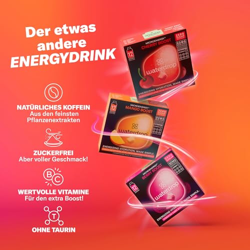 waterdrop® Microenergy Set, Energy Drink Pulver, 36 Würfel Getränkepulver, Mango, Kirsche & Brombeere Geschmack, Zuckerfrei & Kalorienarm, Mit 90 mg Natürlichem Koffein, Vitamin C & B – Flavour Drops