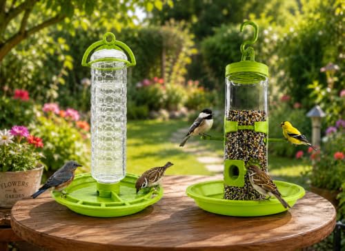 Image of PuraMart Hanging Bird Feeder for Garden, Balcony (1 Litre) | Bird Food Dispenser | 4 Feeding Ports | 360 Perch | Weatherproof Bird Feeding Station | Indoor & Outdoor Use (Combo(1-Water & 1-Feeder))
