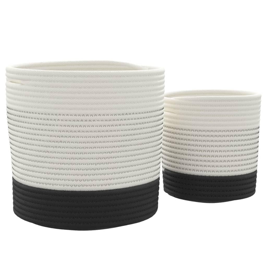 Juego de 2 cestas de almacenamiento de cuerda de algodón, organizador decorativo para juguetes, baño, salón, cestas plegables en blanco y negro