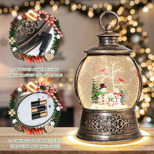 Christmas Cardinal Snow Globe 12.5In High, Snowman Musical Snow Globe Lantern Lights with 6 Hour Timer and Batteries Powered, Retro Style Holiday Glitter Globe for Xmas Home Decoration and Santa Gifts - Thumbnail 3