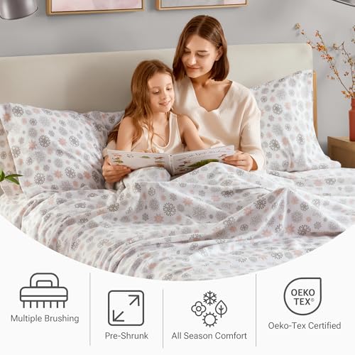 True North by Sleep Philosophy Cozy Flannel Warm 100% Cotton Sheet - Novelty Print Animals Stars Cute Ultra Soft Cold Weather Bedding Set, King, Pink/Grey Snowflakes 4 Piece