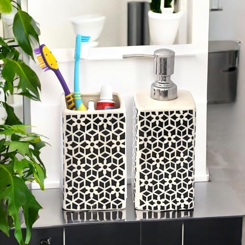 Image of Hand-Painted Ceramic Bathroom Accessories Set of 2 | 300ml Liquid Soap Dispenser & Toothbrush Holder | Rust-Proof Bathroom Organizer for Home & Wash Basin Decor | Black & White