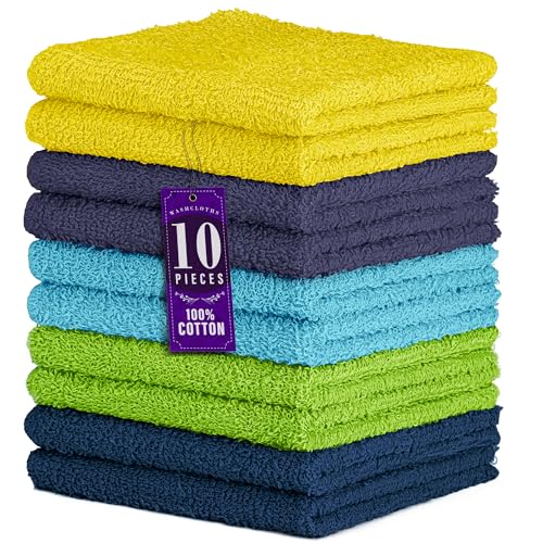 DecorRack 10 Pack 100% Cotton Wash Cloth, Luxurious Soft, 12 x 12 inch Ultra Absorbent, Machine Washable Washcloths, Assorted Set 3 (10 Pack)