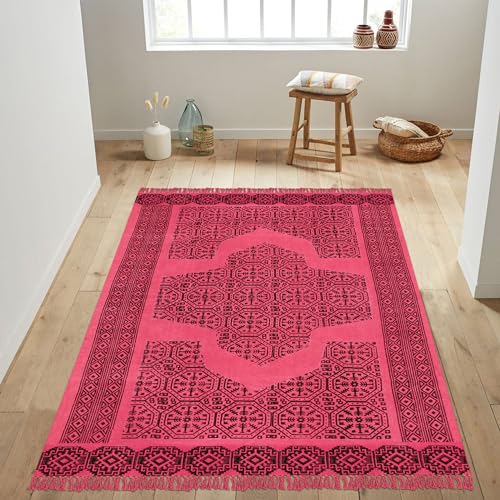 Tapis à tissage plat en coton haut de gamme motif Dhurrie rose - 3