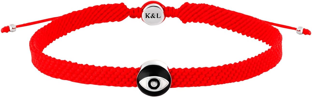 KARMA AND LUCK Hopeful Outlook - Evil Eye Red String Bracelet, Black Enamel Charm, Adjustable 6.5-10.5 Inches, Rhodium Brass