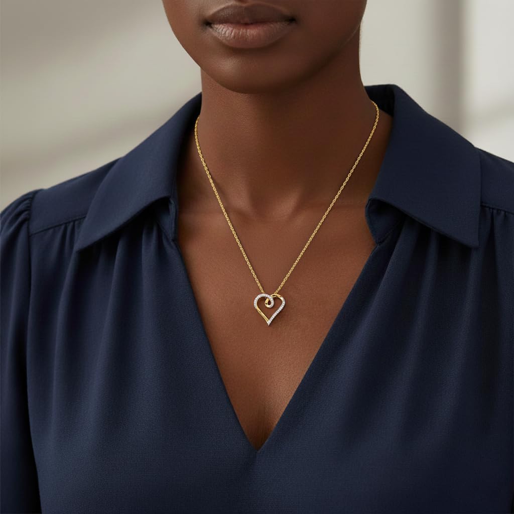 Jewelili 10K Yellow Gold Heart Pendant Necklace for Women | 1/10 CTTW Natural White Round Diamonds | 18" Rope Chain | Jewelry Gift with Gift Box
