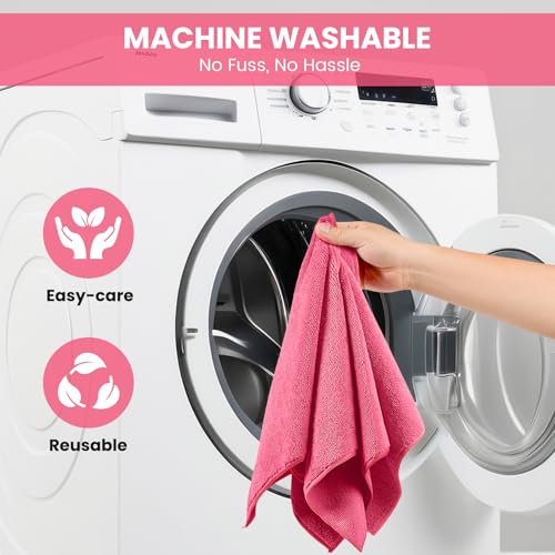 Image of SIFANGKE Microfiber Cleaning Cloth, 12 Pack HotPink Cleaning Rags for Housekeeping, Reusable Microfiber Towels for Car, Kitchen, Bathroom and Household Cleaning Supplies, 11.8 inchX11.8 inch