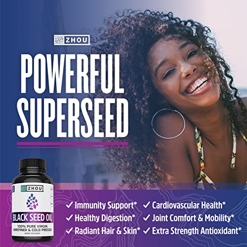 Zhou Black Seed Oil | 100% Virgin, Cold Pressed Source Of Omega 3 6 9 | Super Antioxidant For Immune Support, Joints, Digestion, Hair & Skin | 60 Caps #TOP2