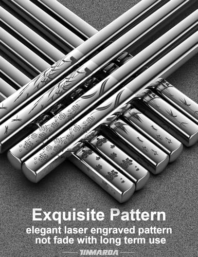 Image of Metal Chopsticks Reusable 18 /8 Stainless Steel Sleek Engraving Patterns Chop Sticks Reusable Dishwasher Safe Non-Slip Chopsticks+Flower Silver 5 Pairs