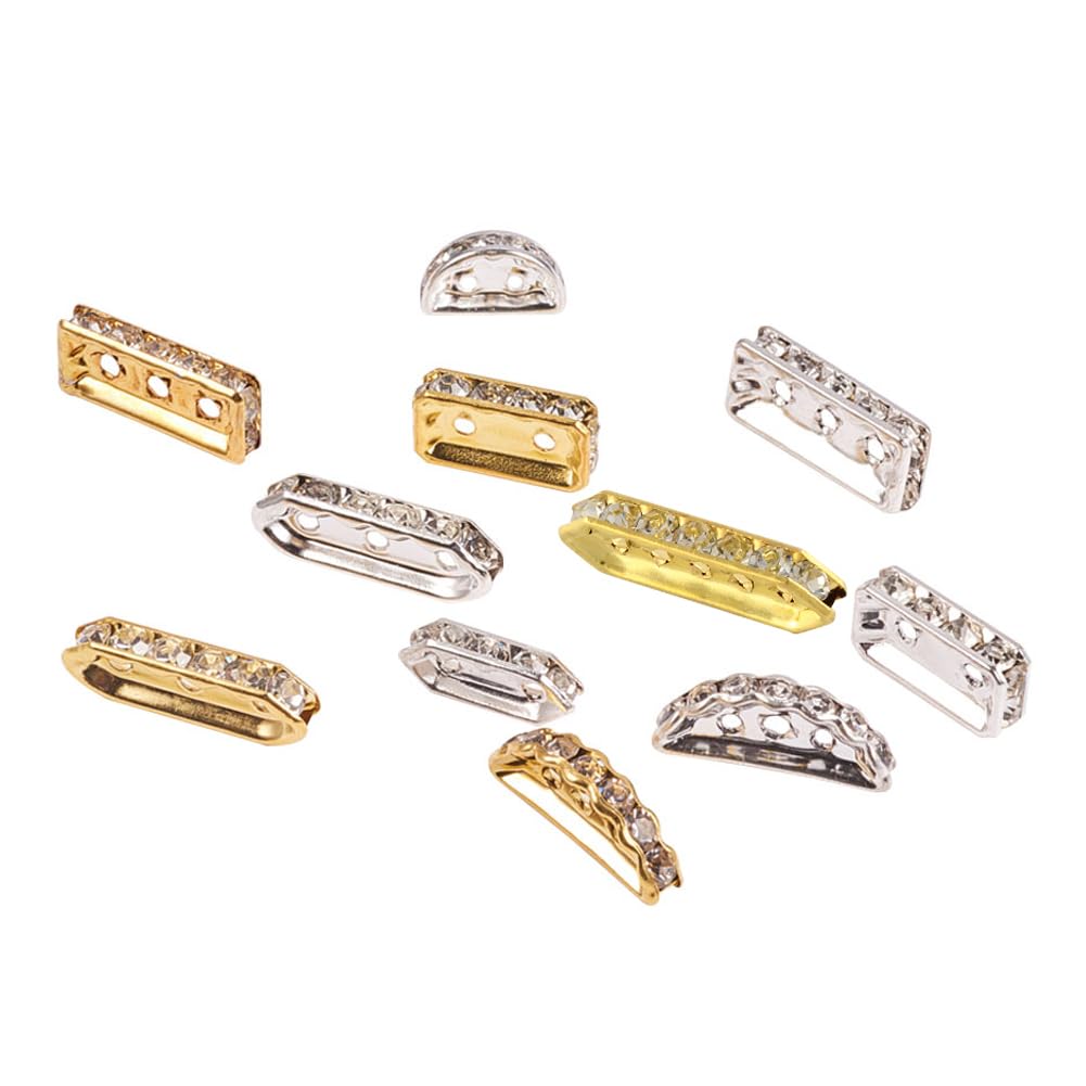 PH PandaHall Elite 48 Pcs 2 Colors Multi Hole Brass Bar Spacers Links With Grade A Rhinestone For Bracelet Jewelry Making Golden Silver 6 Styles Golden/Silver-48pcs