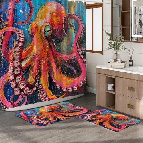 3 Pieces Octopus Shower Curtain Set with Bath Mat Colorful