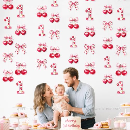 Image of Cherry 1st Birthday Decorations Sweet Floral Cherries Pink Bow Hanging Streamer Garland Banner for Happy First Birthday Baby One Year Bday 1st Wedding Anniversary Party Decorations Supplies