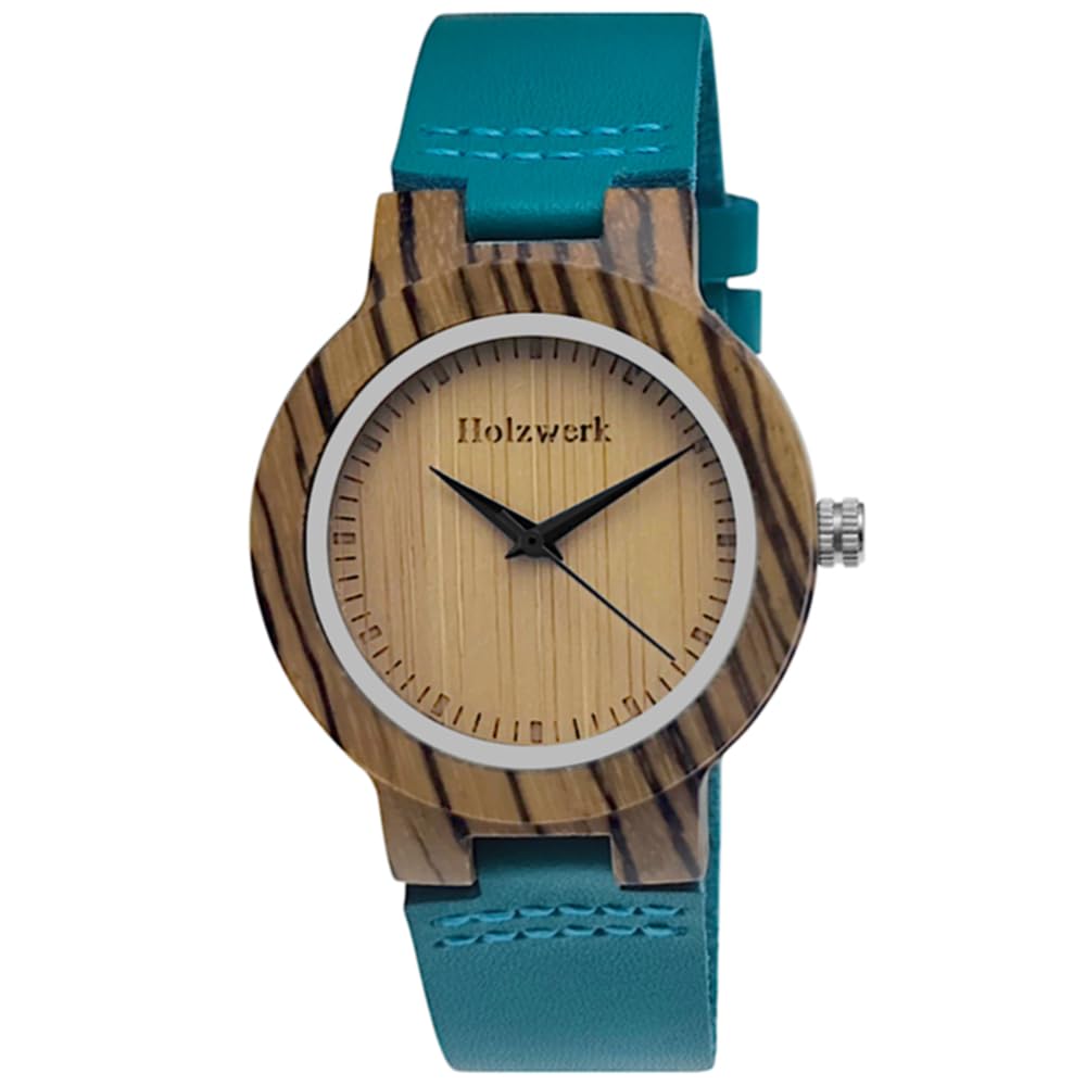 Holzwerk Germany Ręcznie wykonany designerski zegarek damski ekologiczny naturalny drewniany zegarek skórzany pasek zegarek analogowy klasyczny zegarek kwarcowy w kolorze niebieskim turkusowym