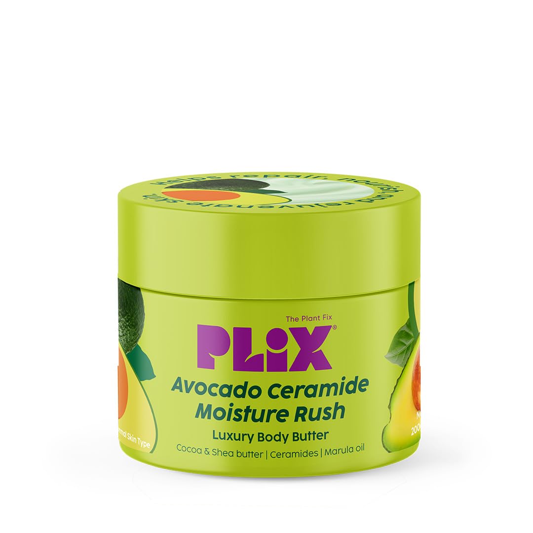plix - the plant fix avocado ceramide moisture rush luxury body butter | for deep hydration & silky-soft skin | cocoa & shea butter | for men & women| very dry to normal skin |200g
