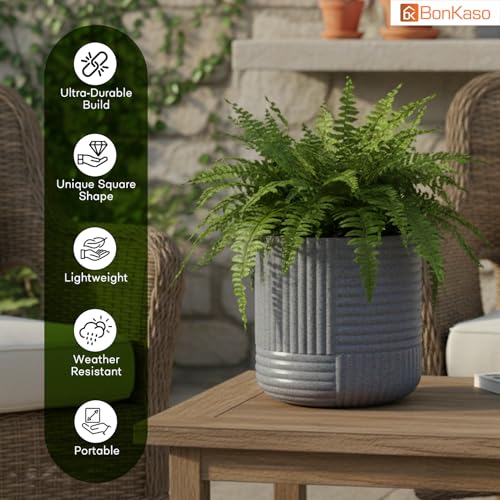 Image of Bonkaso 15 Inch Ribbed Planter Pot for Indoor & Outdoor Use | Round Heavy Duty Polymer Flower Pot | Lightweight Weather Resistant Modern Gamla for Living Room Balcony & Terrace (Light Grey)
