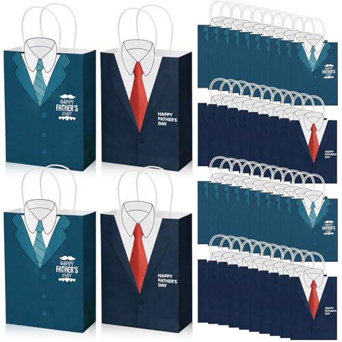 Tenceur 48 Pack Fathers Day Gift Bags with Handles Blue Black Paper Gift Bags for Dad 7.08 x 3.15 x 10.6 Inch Best Dad Treat Goodie Present Boxes for Men Grandpa Birthday Party Favors Supplies
