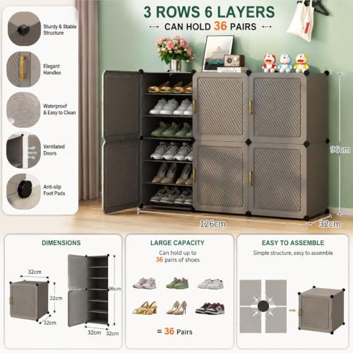 Image of Plastic Shoe Rack for Home with Door | 18-Shelf DIY Shoe Cabinet Organiser | Stores 36 Pairs | Foldable & Waterproof Shoe Stand for Entryway, Bedroom (Grey-HV1, 18-Layer)