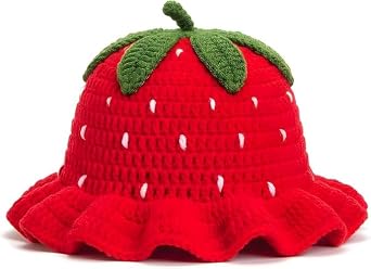 Strawberry Hat Crochet Bucket Hats for Women with Earrings Handmade Floral Hat Cute Foldable Knitted Hats