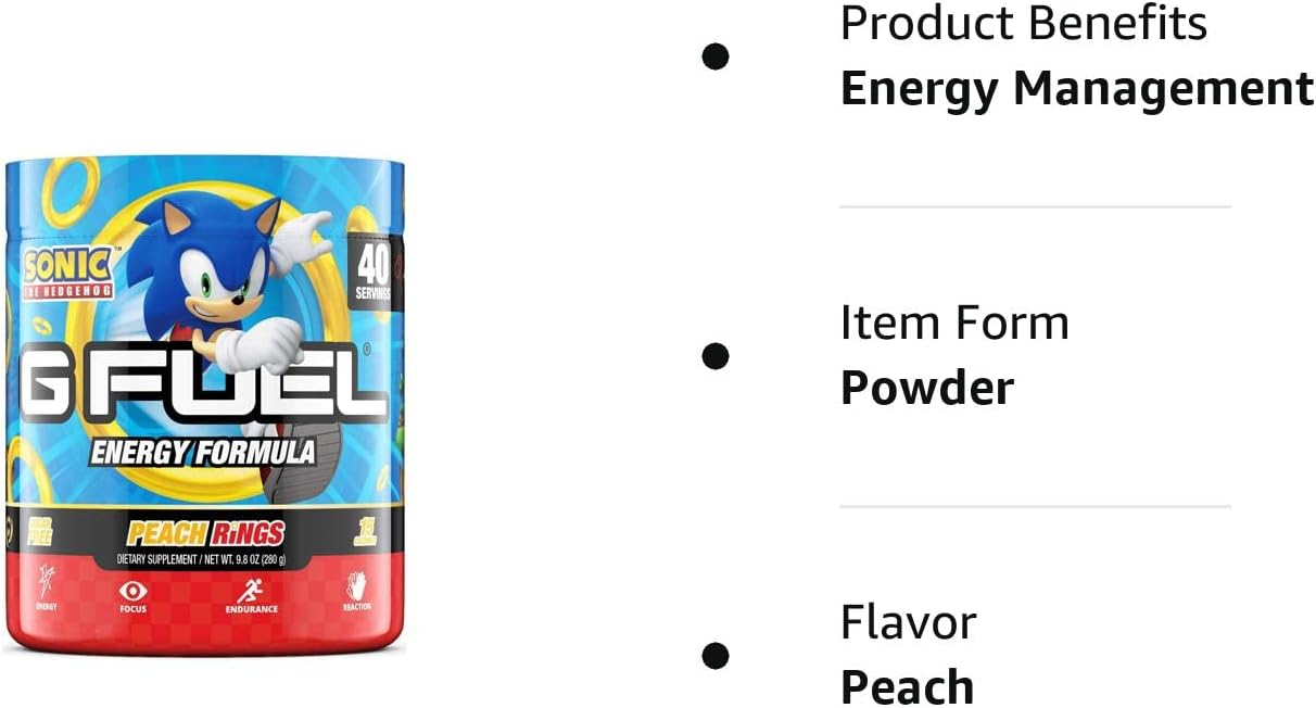 G Fuel Sonic's Peach Rings Elite Energy Powder, 9.8 oz (40 Servings) : Health & Household
