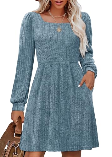 OFEEFAN Blue Knee Length Dress Women Holiday Elastic Waist Dresses for Women 2025 L