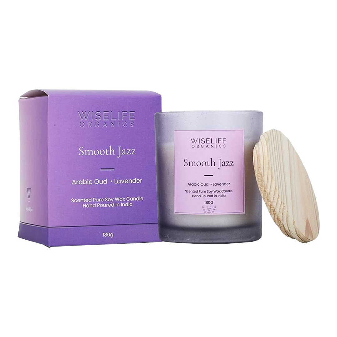 Wiselife Organics Smooth Jazz Pure Soy Wax Scented Candle | Arabic Oud + Lavender | Smokeless Organic Cotton Wick and Premium Glass Jar | Home Decor, Luxury Gift | Burn Time Upto 40 Hours | 180 Gram