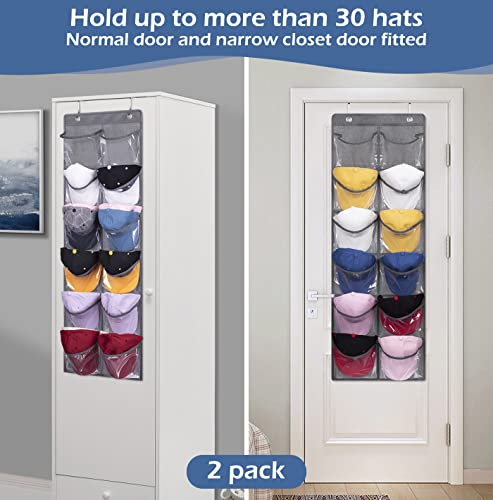 Keetdy Hat Racks For Baseball Caps Organizer 24 Large Pockets- 2Pcs 12 Clear Deep Pockets Over The Door Hat Organizer For Narrow Closet Door Cap Holder Organizer Hat Storage, Grey #TOP1
