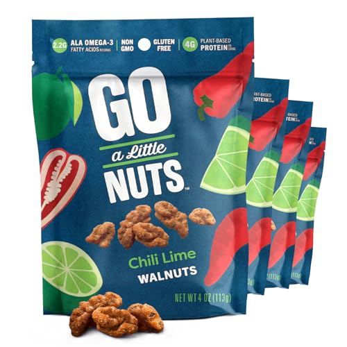 Image of Go a Little Nuts Chili Lime Walnuts, 4 oz Snack Pack (Pack of 4) Fire Roasted & Zesty, Plant Protein, Non-GMO, Peanut Free, Gluten-Free Healthy Snack for Kids and Adults