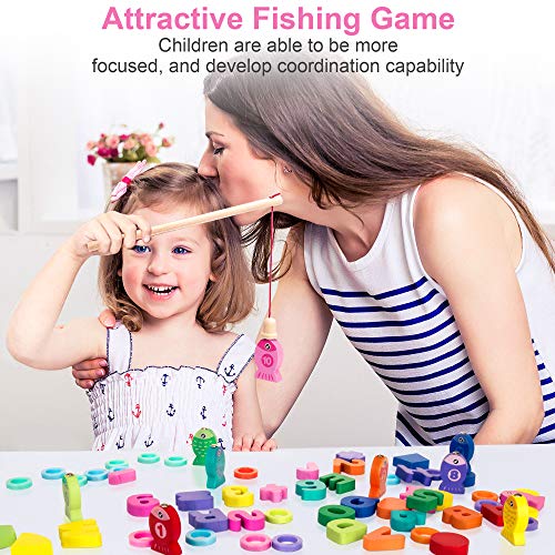 Wooden Magnetic Puzzles for Toddlers, 5-in-1 Color Alphabet Shape Number Sorting Fishing Game Toys, Educational Math Stacking Block Learning Jigsaw Board, Gift for 3-6 Year Old Boys and Girls - Thumbnail 4
