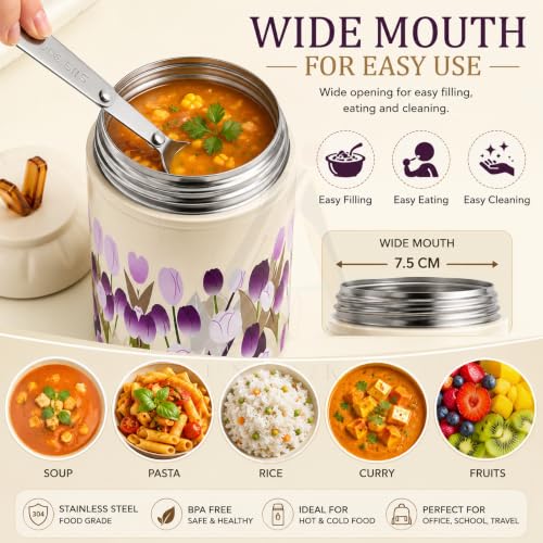 Image of Insulated Stainless Steel 1060ml Lunch Box with 350ml Tumbler | Leakproof Hot Cold Food Container | BPA-Free Cute Tiffin Box for Kids, School, Office, Travel, Picnic (Purple Tulip Floral)