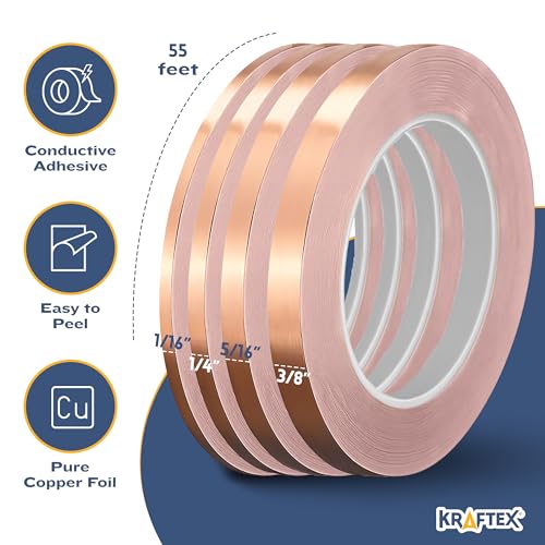 Image of Kraftex Copper Tape 3 /16 1 /4 5 /16 and 3 /8 inch x 55ft 4pk. Copper Foil Tape for Stained Glass Soldering with Conductive Adhesive. Great Shielding for Guitars, EMI Shielding, Jewlery Making and Crafts