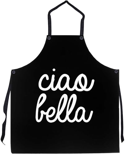 P.S. I Love Italy Ciao Bella - Delantal negro con temática italiana, delantales con pechera para hombres y mujeres