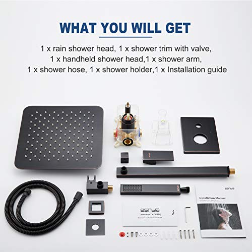 ESNBIA Oil Rubbed Bronze Shower System, Bathroom 12 Inches Rain Shower Head with Handheld Combo Set, Wall Mounted High Pressure Rainfall Dual Shower Head System, Shower Faucet Set with Valve and trim