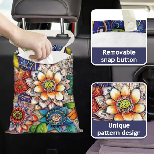 Image of Lotus Mandala Car Trash Bag Hanging Car Garbage Bag With Snap Buttons Cute Car Back Seat Trash Bag Portable Garbage Can for Car Interior Hanging Car Accessories Travel Camping