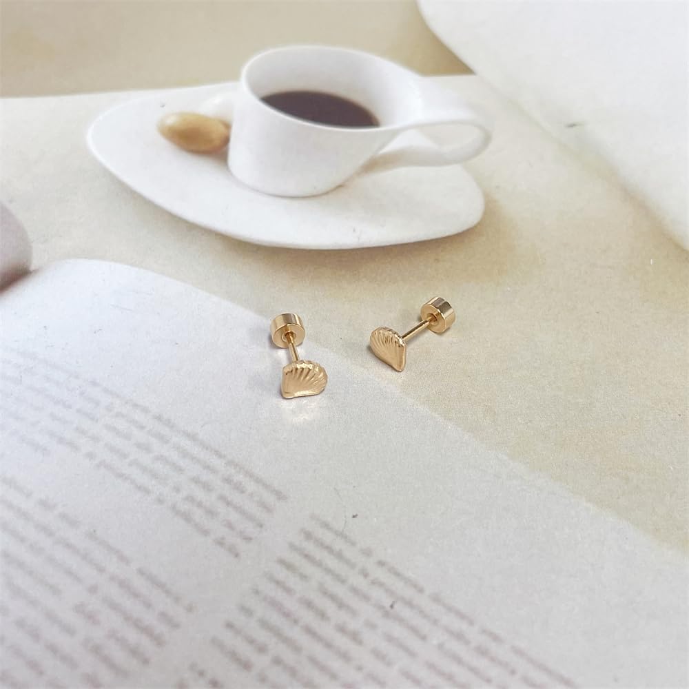 20G Shell Seashore Screw Back Small Stud Earrings for Women Minimalist 14K Gold Plated Surgical Steel Seashell Cartilage Tragus Piercing Sleeper Studs Hypoallergenic for Sensitive Ears Gift