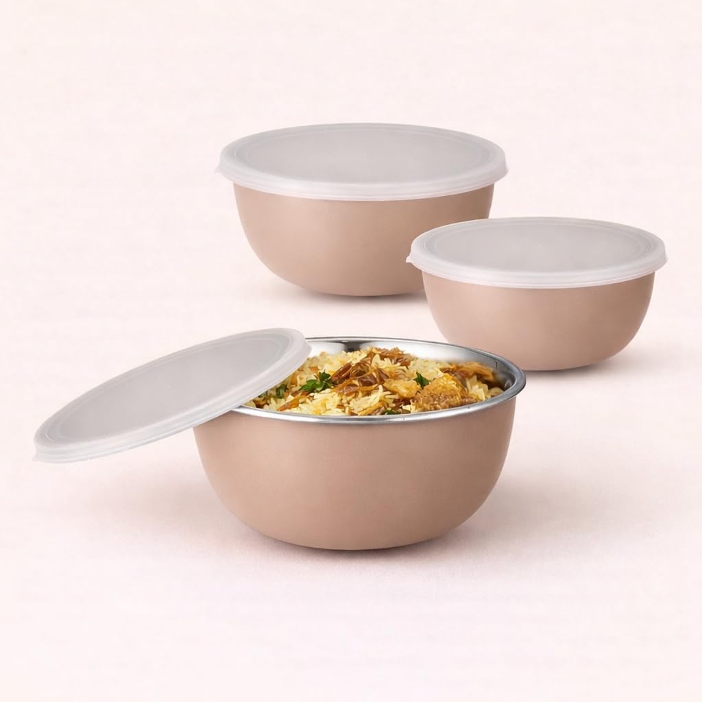 Stainless Steel Mixing Bowl Set with Lids, Microwave Safe Food Storage Containers, 500ml 800ml 1250ml, Sand Brown, Pack of 3, Leak-Proof BPA-Free (Purple 3)
