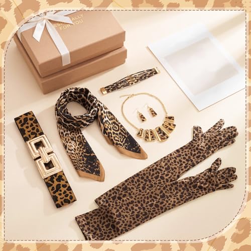 Tondiamo 6 Pcs Leopard Jewelry Set for Women Boho Cheetah Print Necklace Earrings Bracelets Belt Length Spandex Gloves Scarf by Tondiamo - Used condition - Image 7